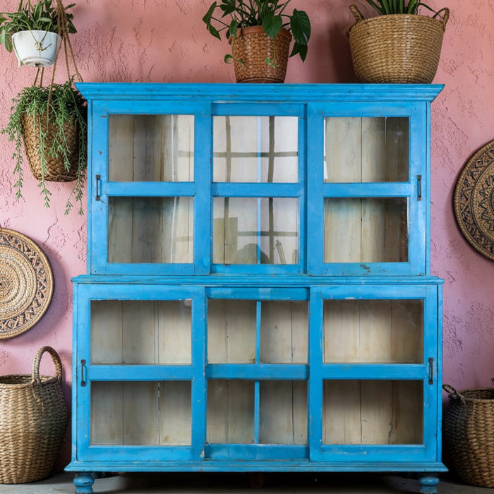 Large Vintage Indian Rustic Glass Kitchen Dresser Cupboard Cabinet