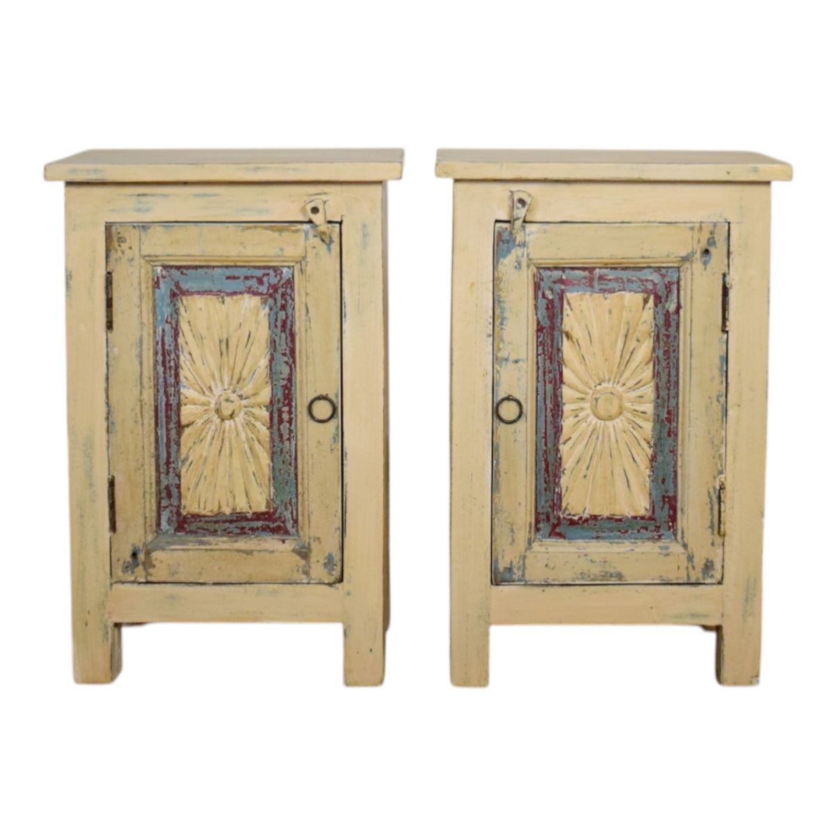 Vintage Reclaimed Carved Wood Pair of Bed Side Cabinet Cupboard