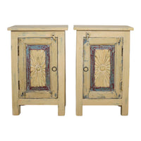 Vintage Reclaimed Carved Wood Pair of Bed Side Cabinet Cupboard