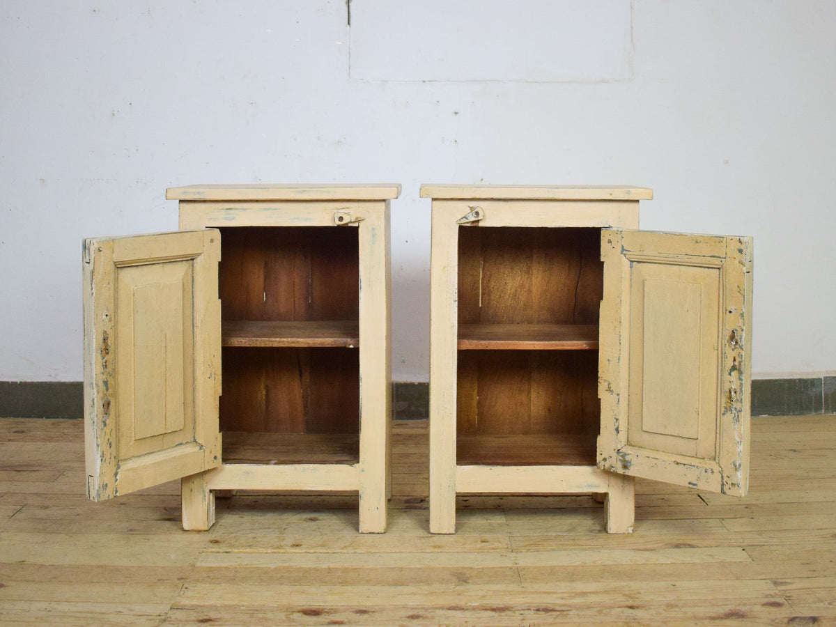 Vintage Reclaimed Carved Wood Pair of Bed Side Cabinet Cupboard
