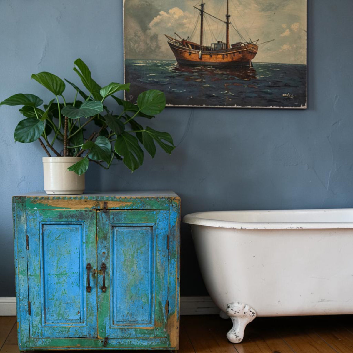 Vintage Worn Painted Rustic Cupboard Cabinet