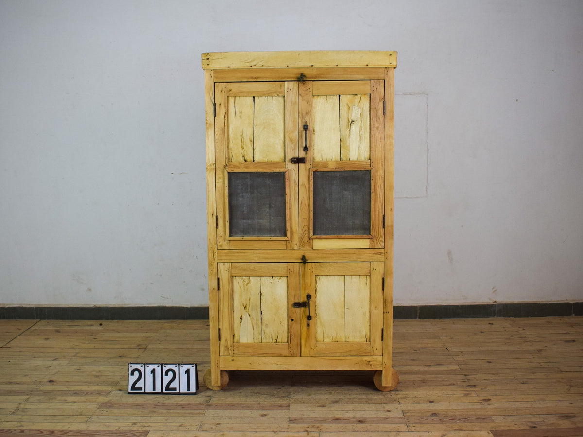 Vintage Bleached Rustic Kitchen Foor Cupboard Cabinet Wooden Wheels