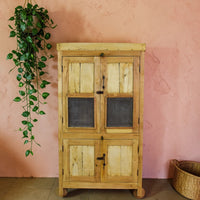 Vintage Bleached Rustic Kitchen Foor Cupboard Cabinet Wooden Wheels