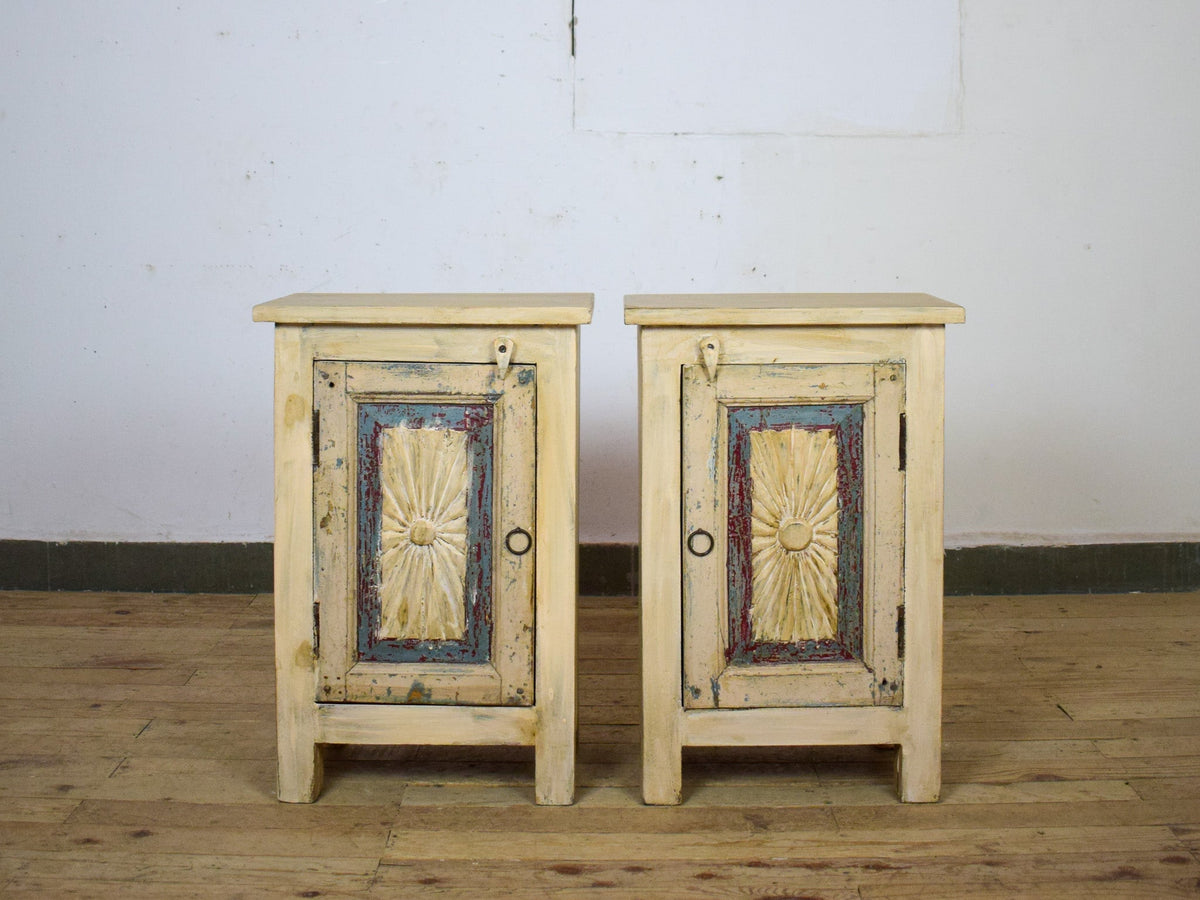 Vintage Reclaimed Carved Wood Pair of Bed Side Cabinet Cupboard