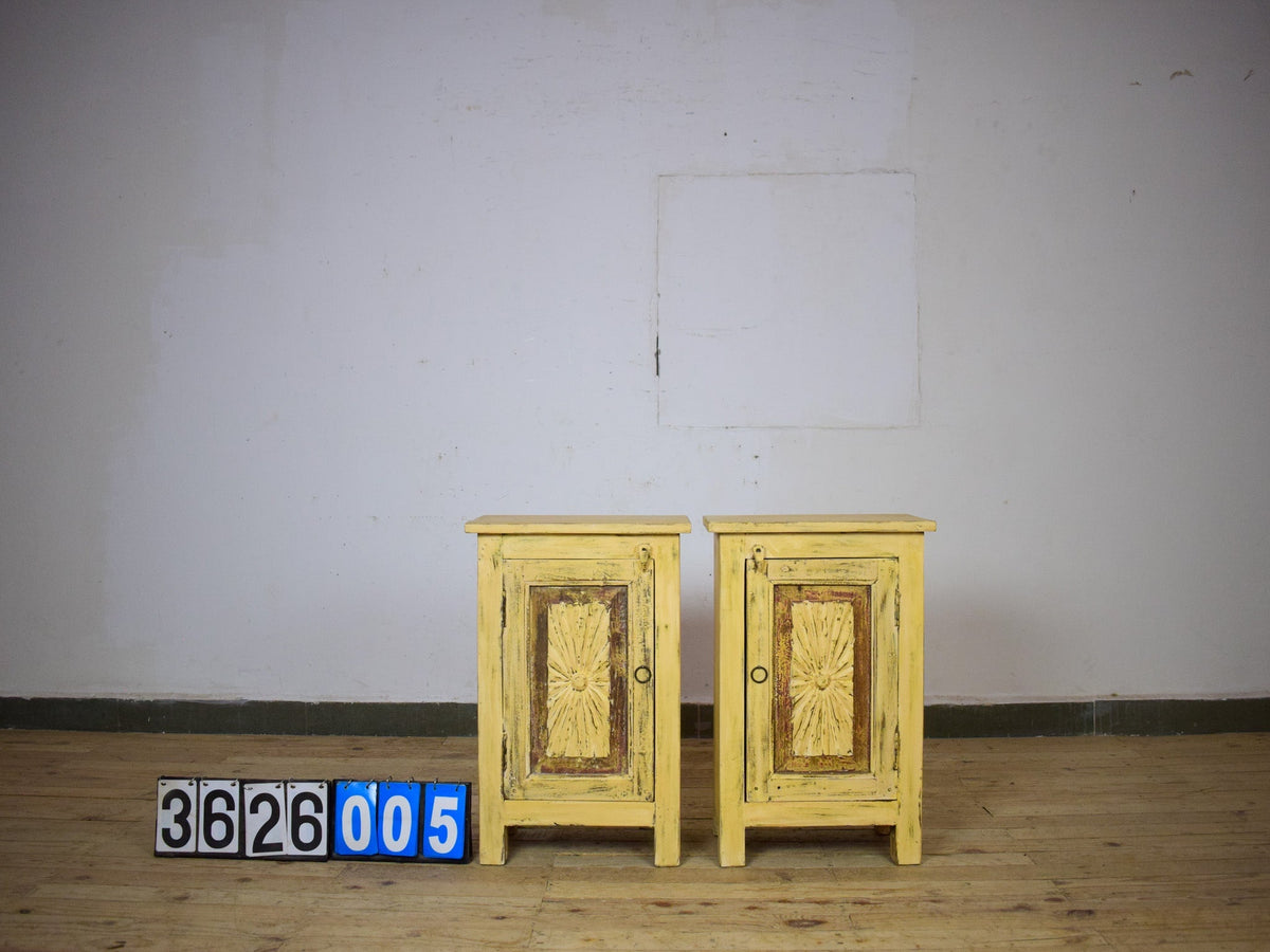 Vintage Reclaimed Carved Wood Pair of Bed Side Cabinet Cupboard