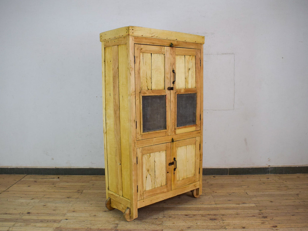 Vintage Bleached Rustic Kitchen Foor Cupboard Cabinet Wooden Wheels