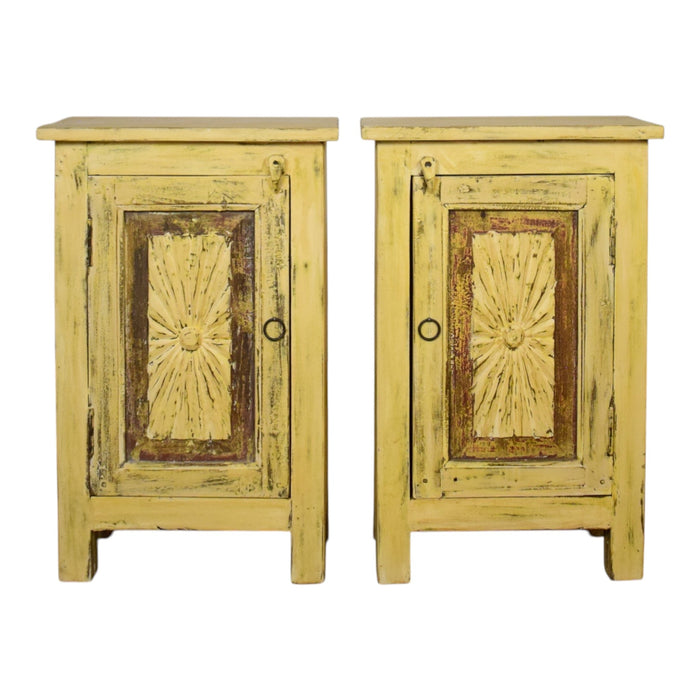 Vintage Reclaimed Carved Wood Pair of Bed Side Cabinet Cupboard