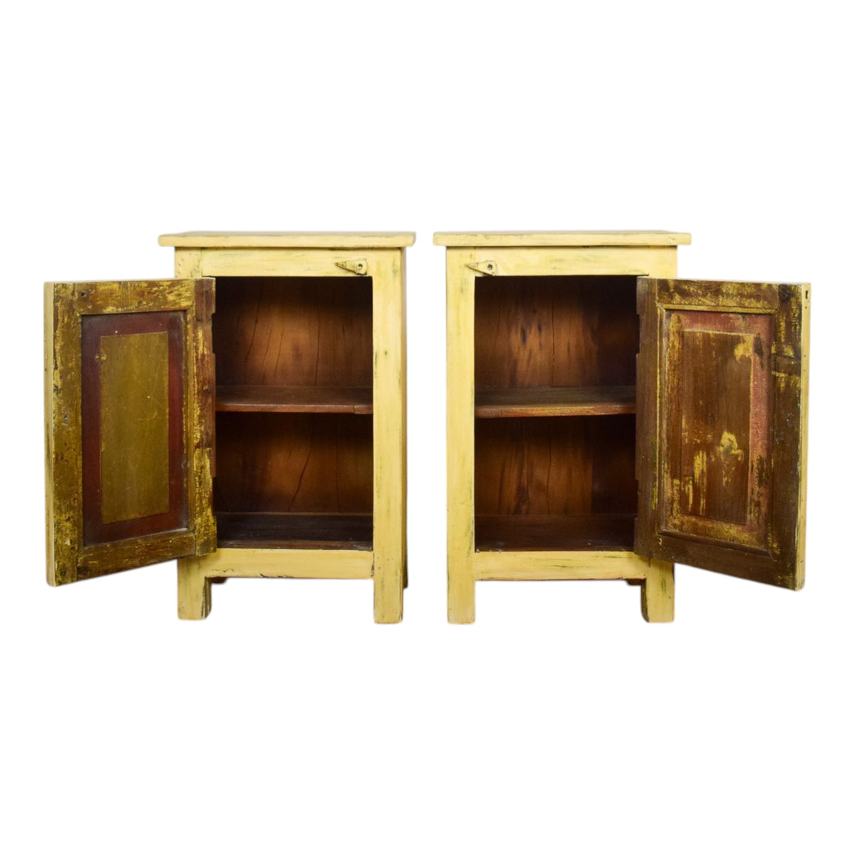 Vintage Reclaimed Carved Wood Pair of Bed Side Cabinet Cupboard