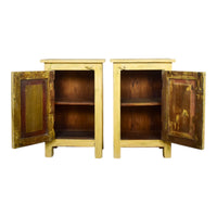 Vintage Reclaimed Carved Wood Pair of Bed Side Cabinet Cupboard