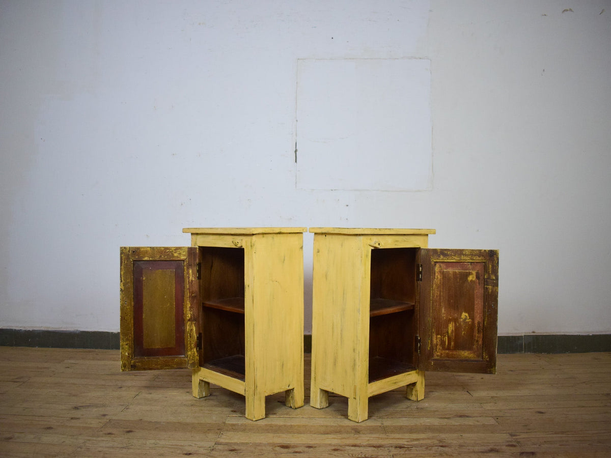 Vintage Reclaimed Carved Wood Pair of Bed Side Cabinet Cupboard