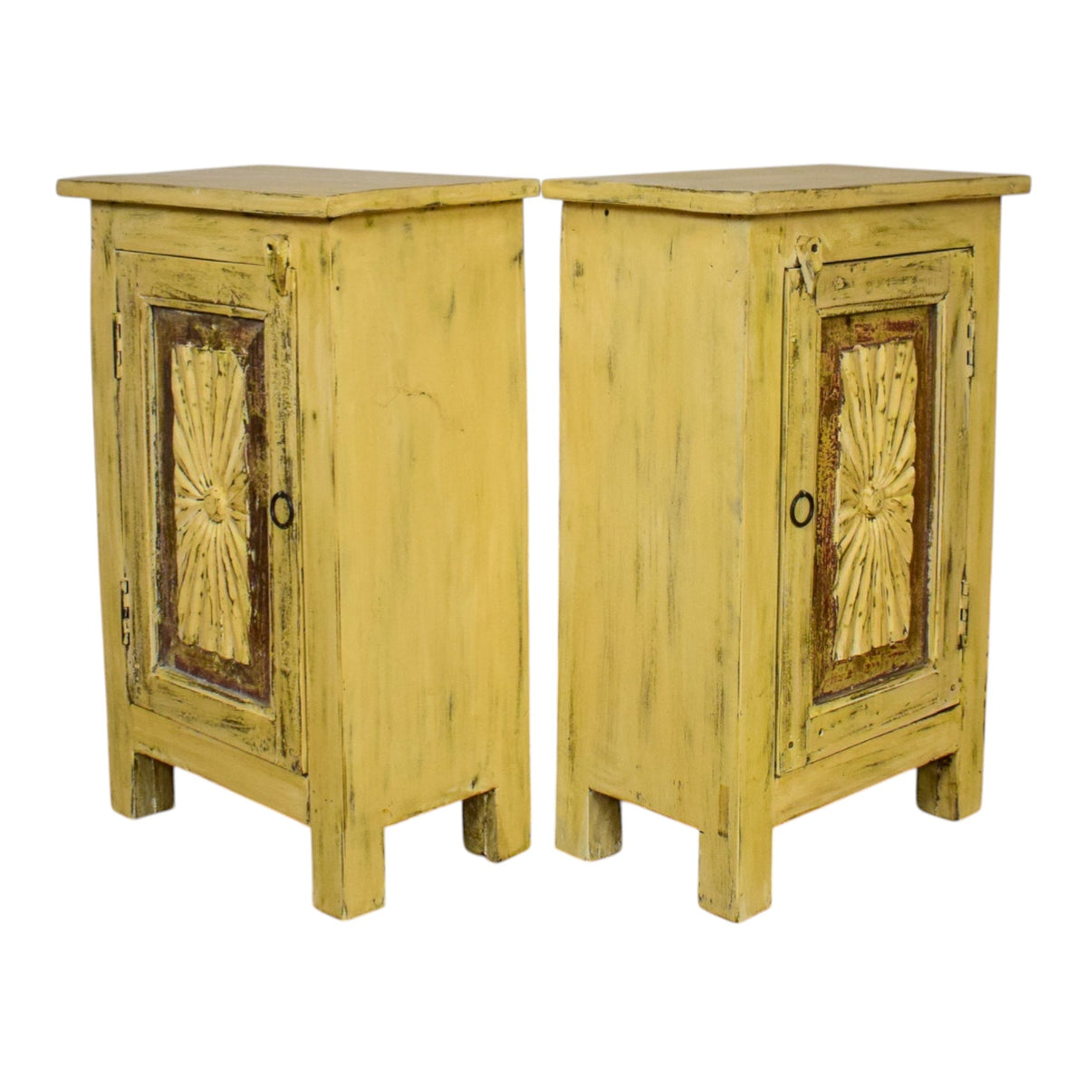 Vintage Reclaimed Carved Wood Pair of Bed Side Cabinet Cupboard