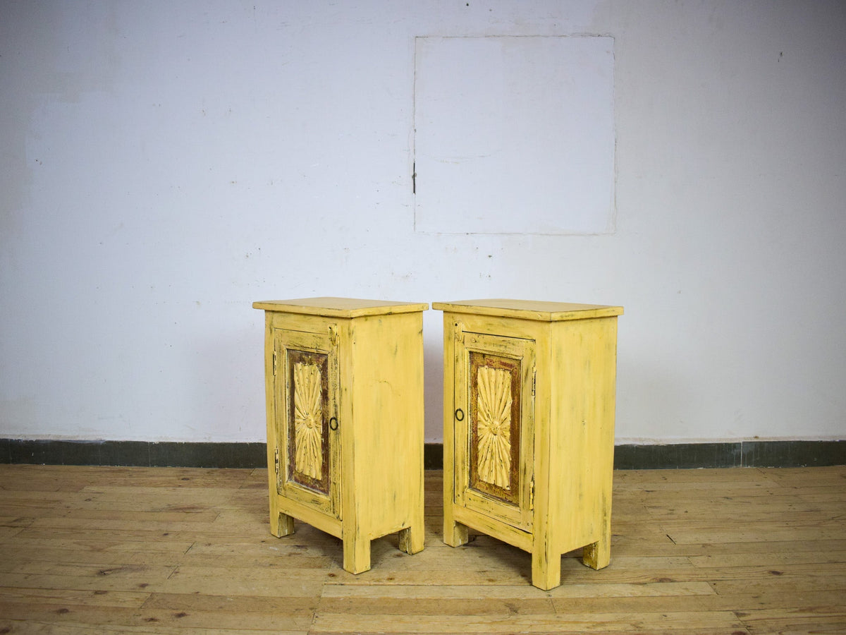Vintage Reclaimed Carved Wood Pair of Bed Side Cabinet Cupboard