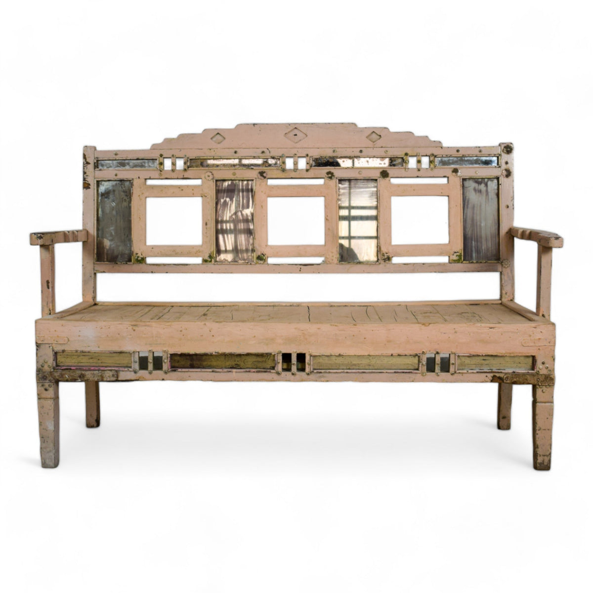 Vintage Indian Bench With Old Mirror Glass Decoration