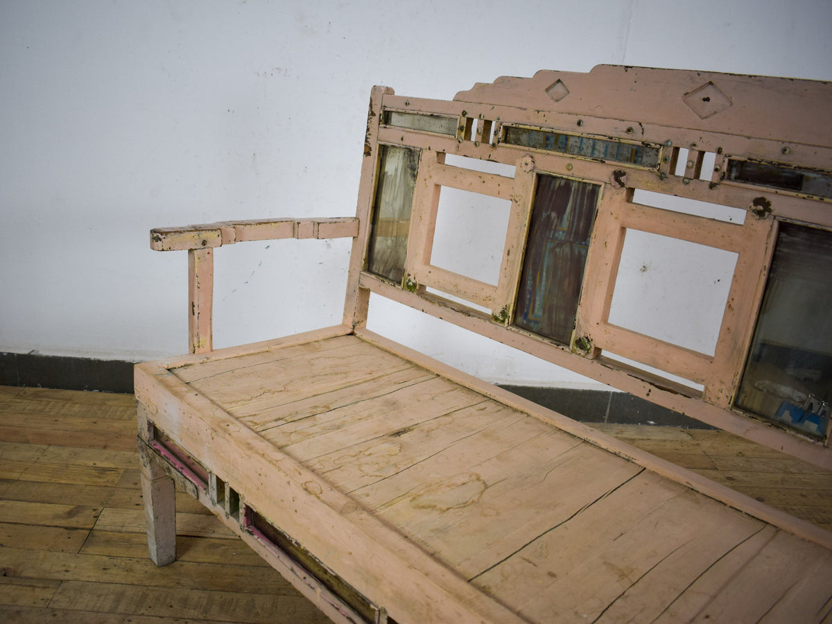 Vintage Indian Bench With Old Mirror Glass Decoration