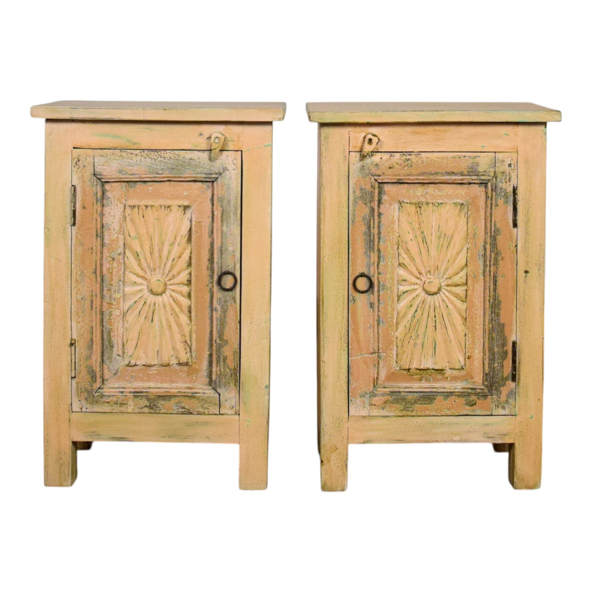 Vintage Reclaimed Carved Wood Pair of Bed Side Cabinet Cupboard