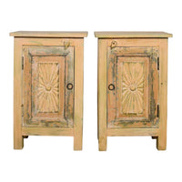 Vintage Reclaimed Carved Wood Pair of Bed Side Cabinet Cupboard