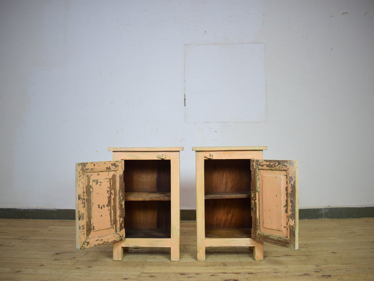 Vintage Reclaimed Carved Wood Pair of Bed Side Cabinet Cupboard
