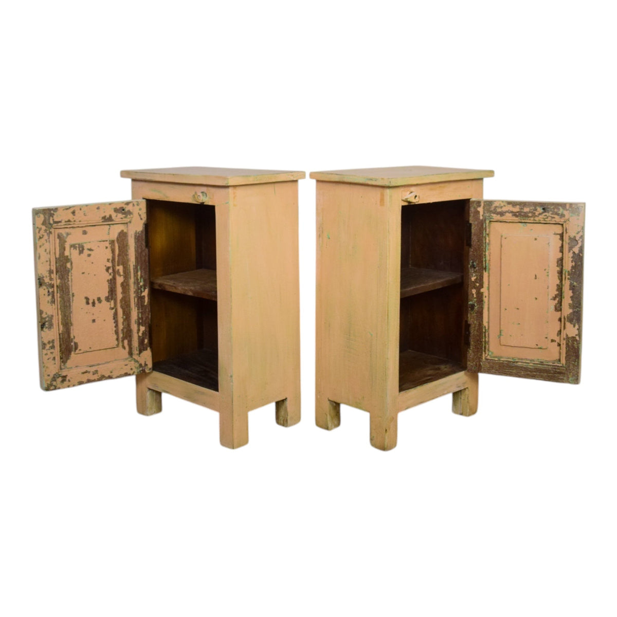 Vintage Reclaimed Carved Wood Pair of Bed Side Cabinet Cupboard