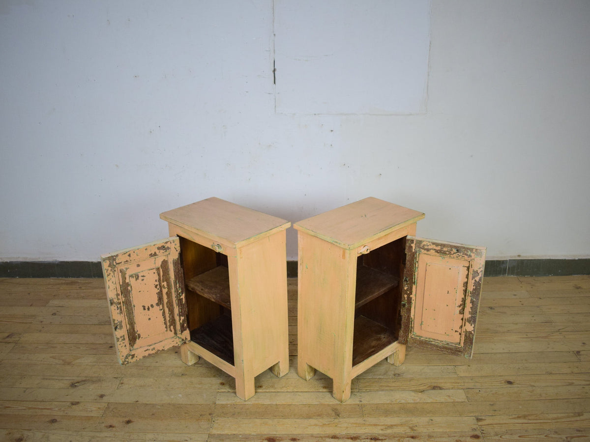 Vintage Reclaimed Carved Wood Pair of Bed Side Cabinet Cupboard