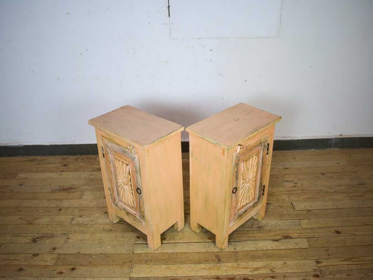 Vintage Reclaimed Carved Wood Pair of Bed Side Cabinet Cupboard