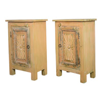 Vintage Reclaimed Carved Wood Pair of Bed Side Cabinet Cupboard