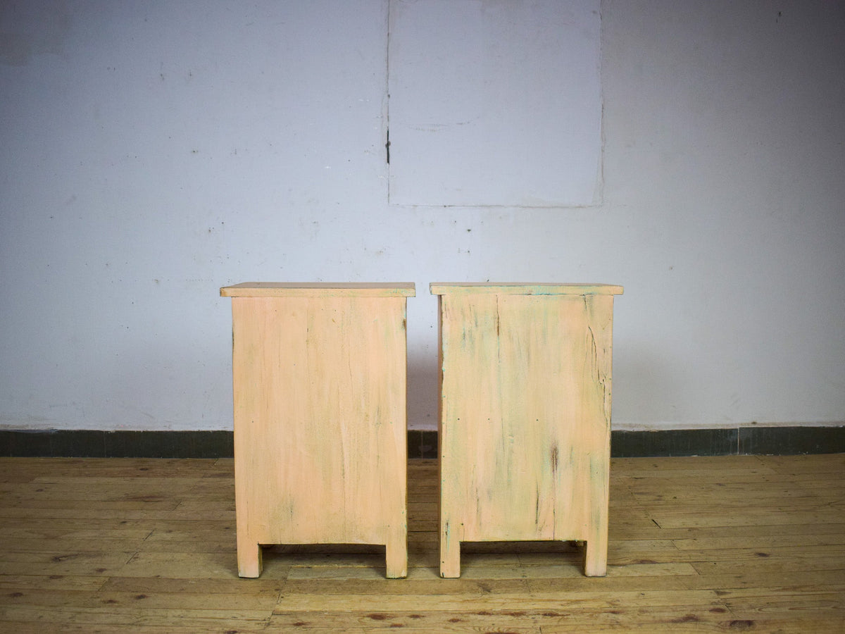 Vintage Reclaimed Carved Wood Pair of Bed Side Cabinet Cupboard