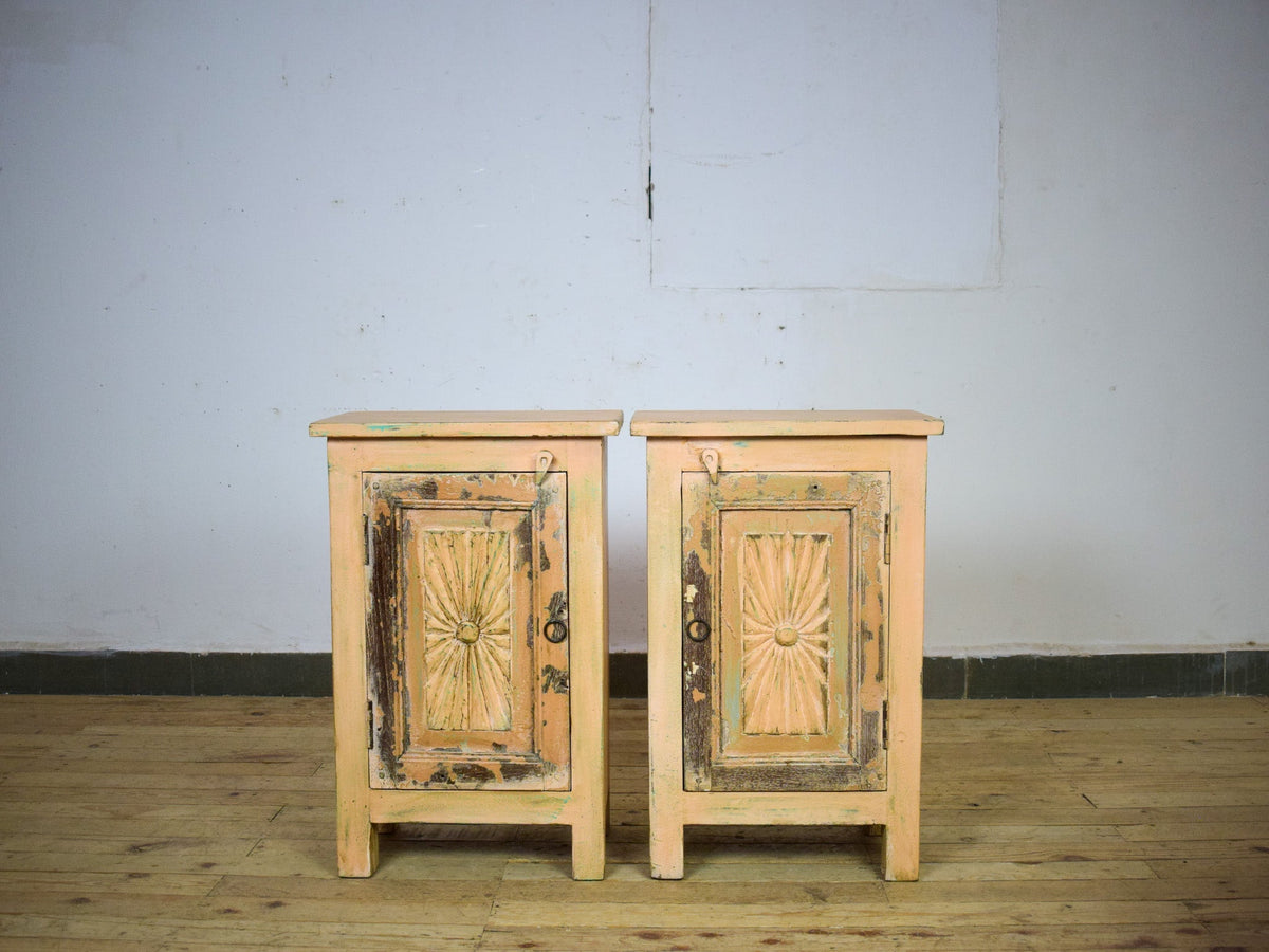 Vintage Reclaimed Carved Wood Pair of Bed Side Cabinet Cupboard