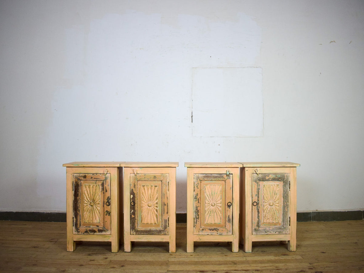 Vintage Reclaimed Carved Wood Pair of Bed Side Cabinet Cupboard