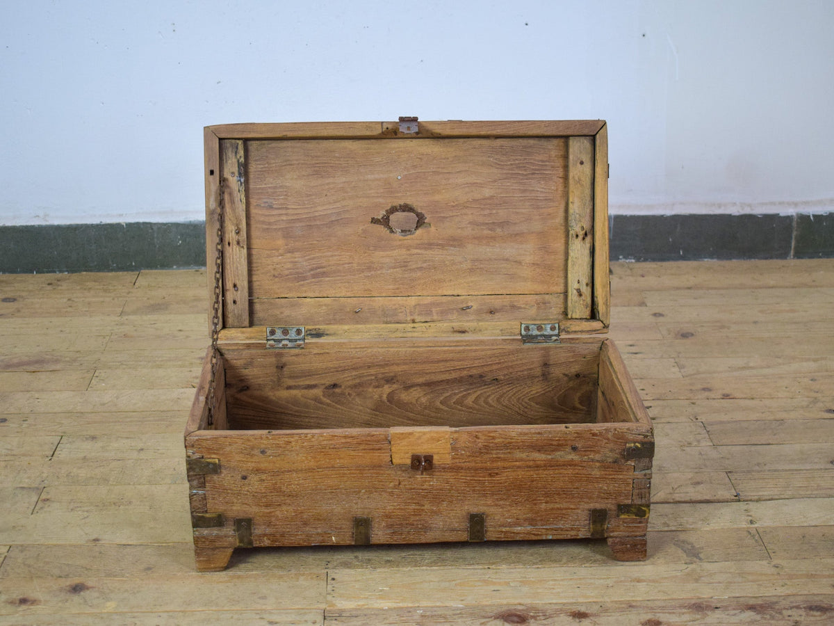Vintage Rustic Wooden Metal Bound Chest Box
