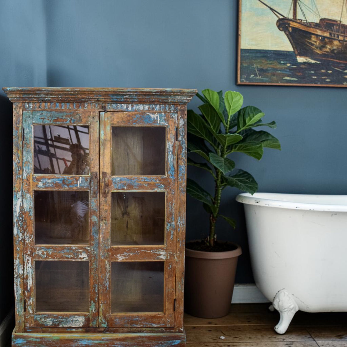 Vintage Worn Painted Rustic Cupboard Cabinet