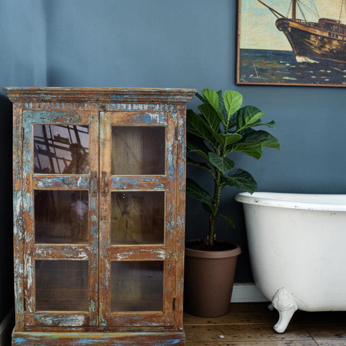 Vintage Worn Painted Rustic Cupboard Cabinet