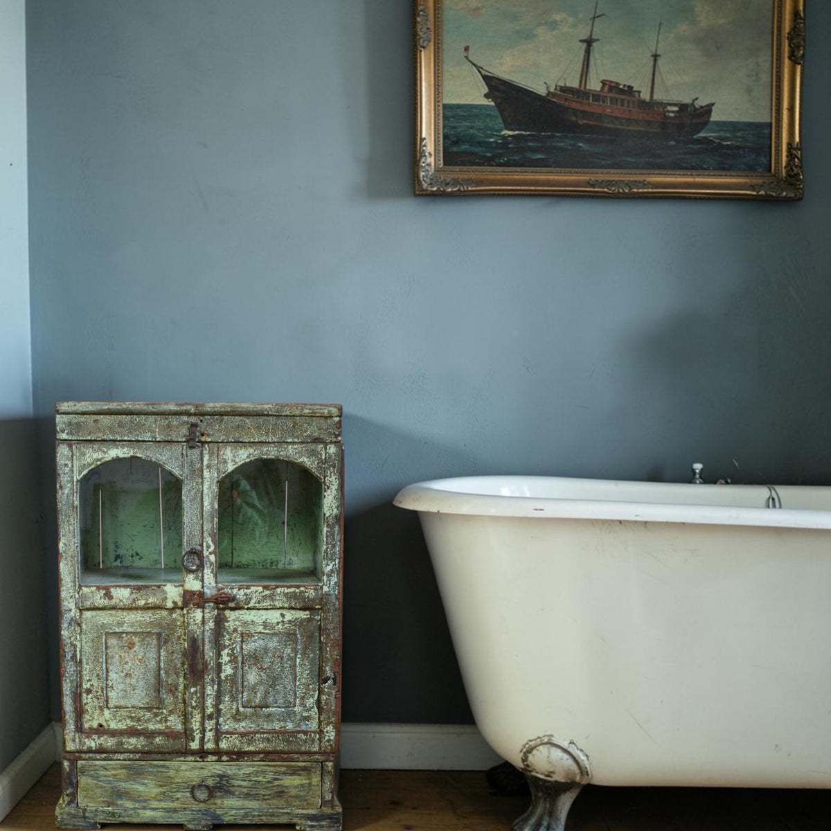 Vintage Worn Painted Rustic Cupboard Cabinet