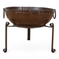 Hand Made Reclaimed Metal Kadai Fire Bowl Pit with Stand & Grill - 60cm
