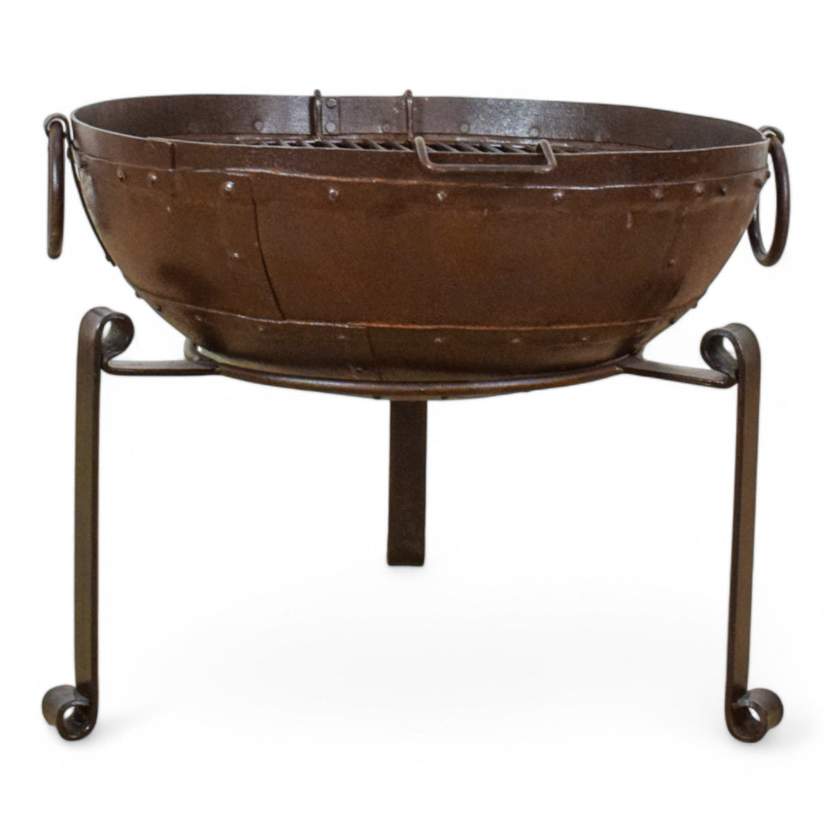 Hand Made Reclaimed Metal Kadai Fire Bowl Pit with Stand & Grill - 60cm