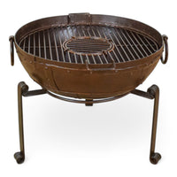 Hand Made Reclaimed Metal Kadai Fire Bowl Pit with Stand & Grill - 60cm