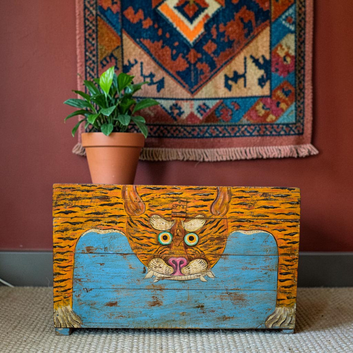 Hand Painted Vintage Chest Trunk Box Tiger
