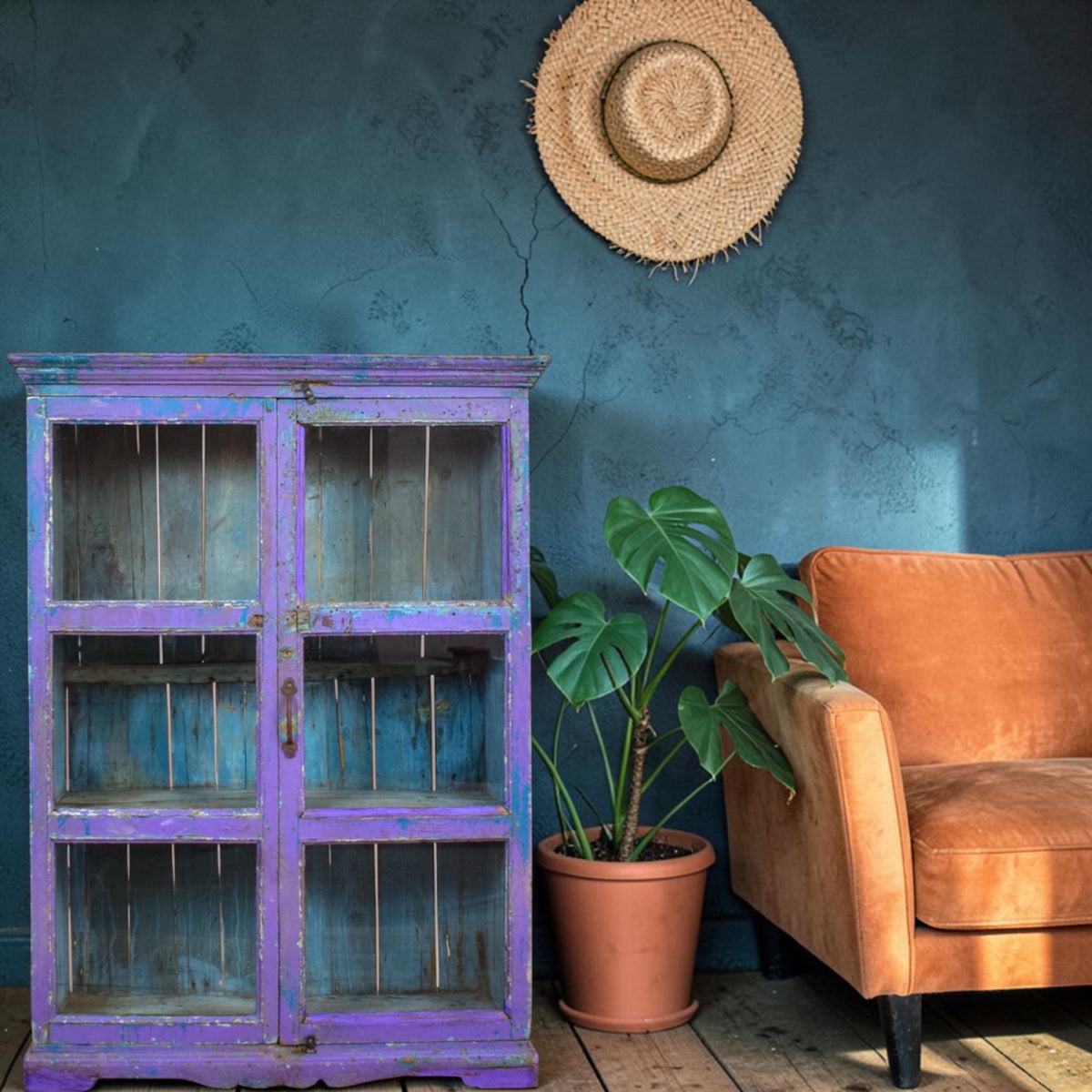 Vintage Worn Painted Rustic Cupboard Cabinet