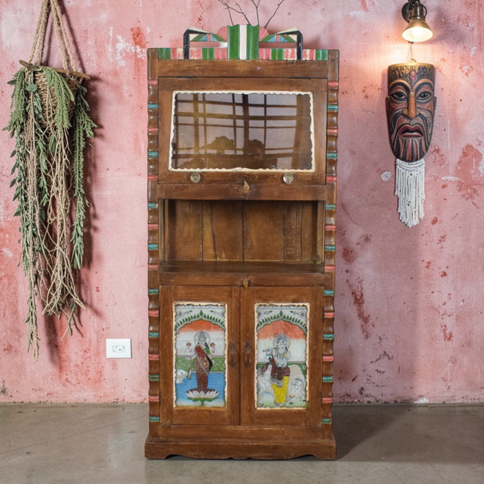 Vintage Indian Cupboard Cabinet With Reverse Glass Paintings