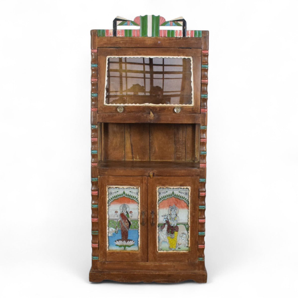 Vintage Indian Cupboard Cabinet With Reverse Glass Paintings