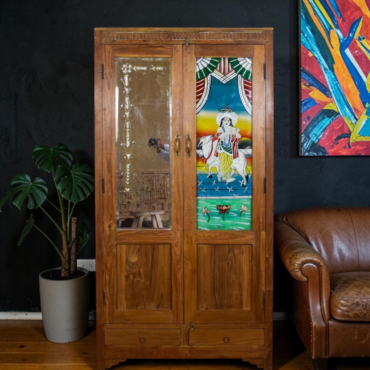 Vintage Rustic Indian Cupboard Cabinet With Glass Painting and Mirror