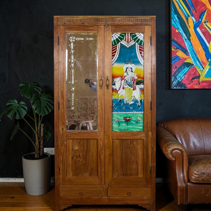 Vintage Rustic Indian Cupboard Cabinet With Glass Painting and Mirror