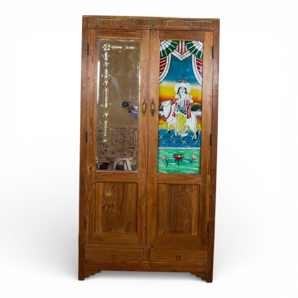 Vintage Rustic Indian Cupboard Cabinet With Glass Painting and Mirror