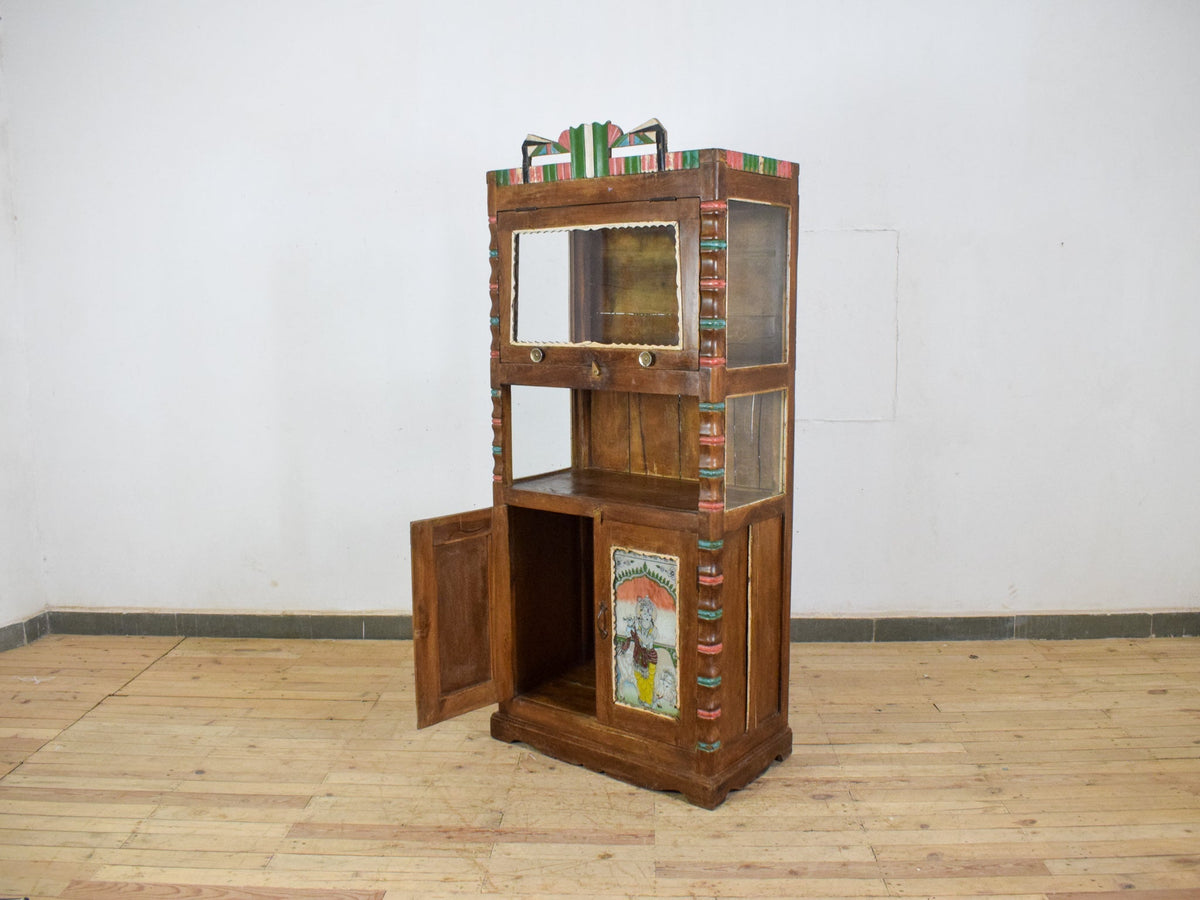 Vintage Indian Cupboard Cabinet With Reverse Glass Paintings