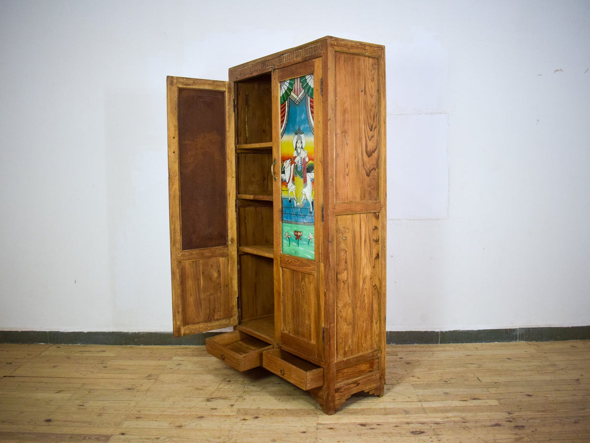 Vintage Rustic Indian Cupboard Cabinet With Glass Painting and Mirror