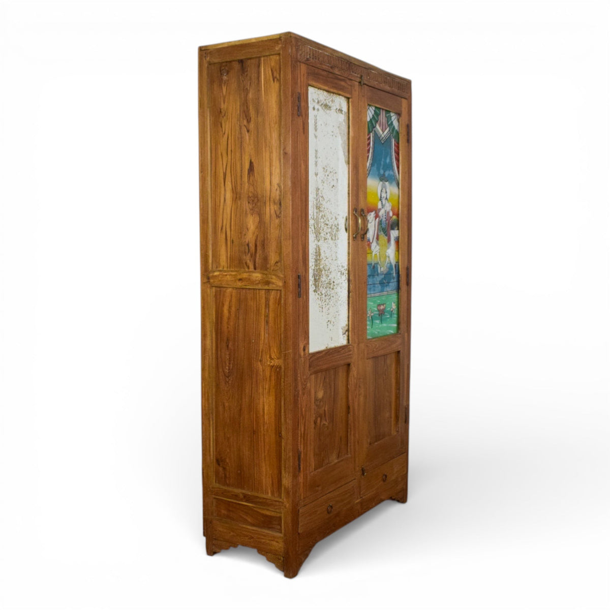 Vintage Rustic Indian Cupboard Cabinet With Glass Painting and Mirror