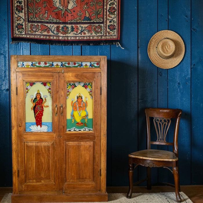 Vintage Indian Wooden Cupboard Cabinet with Reverse Glass Paintings