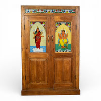 Vintage Indian Wooden Cupboard Cabinet with Reverse Glass Paintings