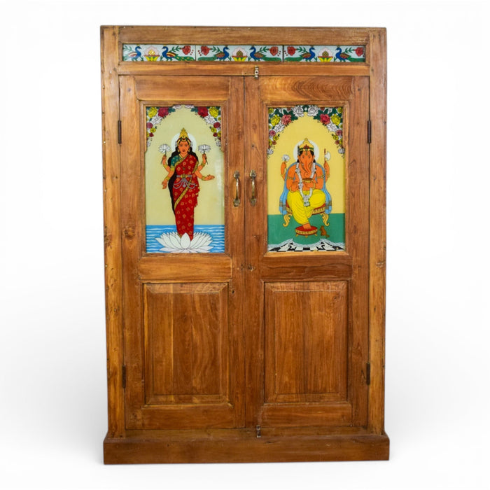 Vintage Indian Wooden Cupboard Cabinet with Reverse Glass Paintings