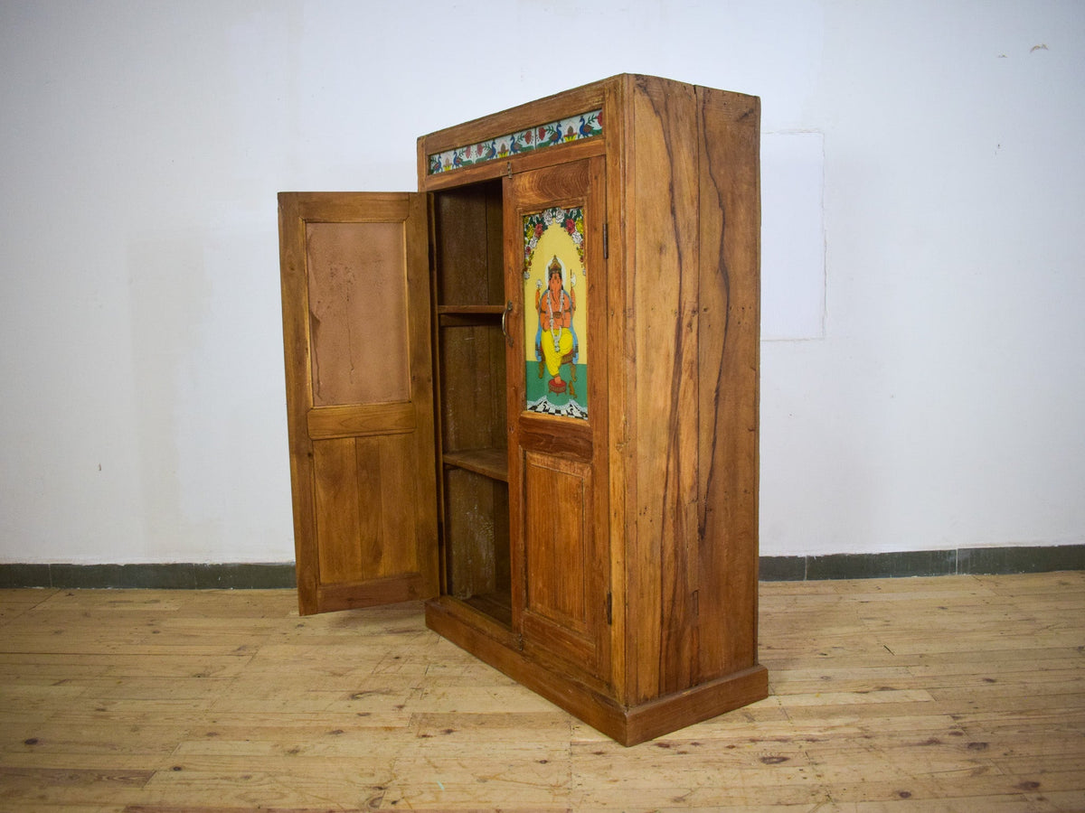 Vintage Indian Wooden Cupboard Cabinet with Reverse Glass Paintings