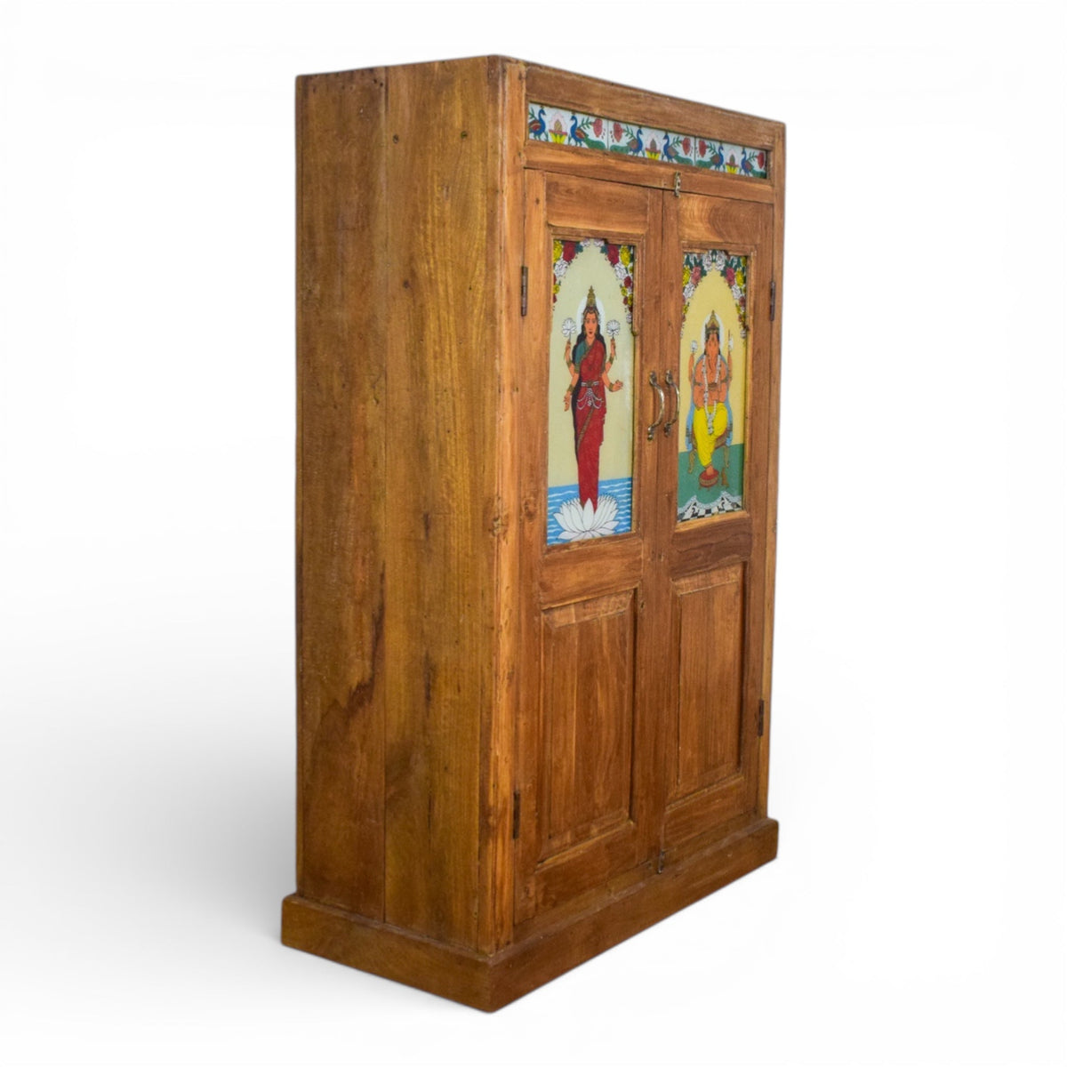 Vintage Indian Wooden Cupboard Cabinet with Reverse Glass Paintings